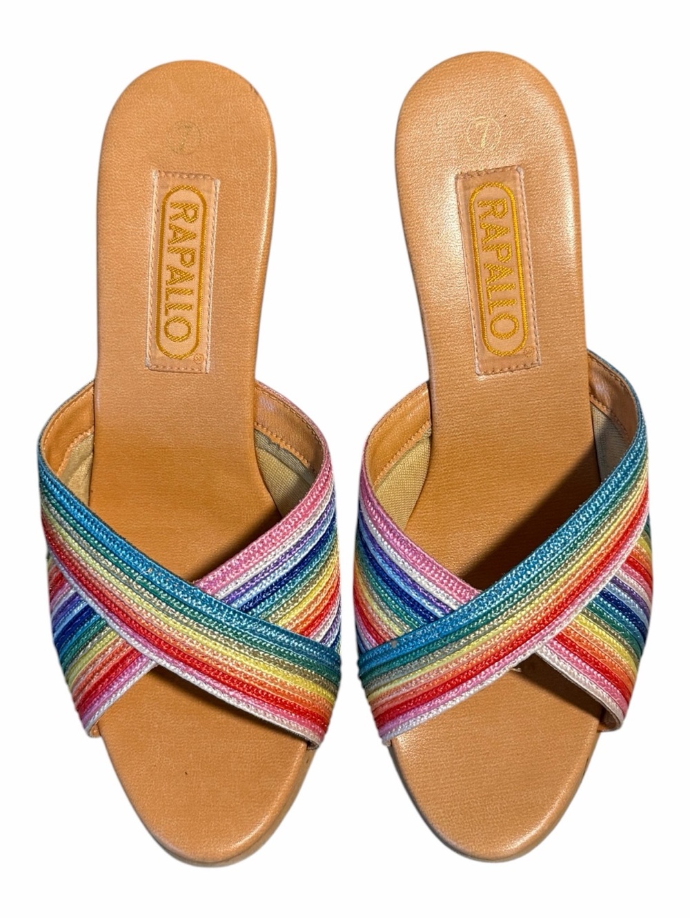 VINTAGE Rapallo Rainbow Striped Cork Heel Sandals. Size 7.